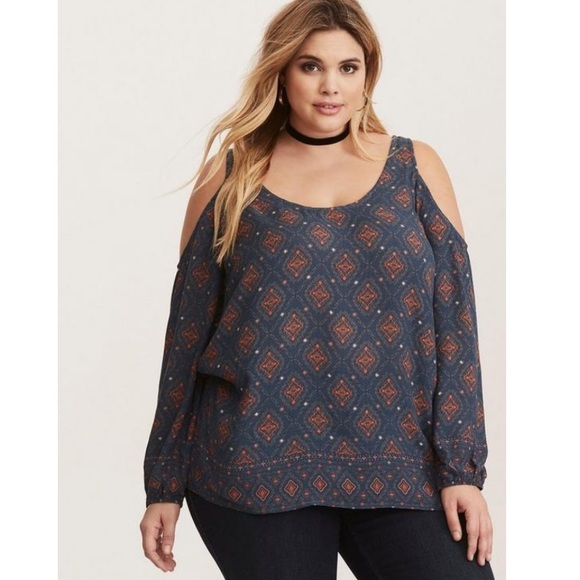TORRID PLUS SIZE 2 GEO PRINT GAUZE COLD SHOULDER BLOUSE INDIGO BLUE & ORANGE TOP - Picture 1 of 6